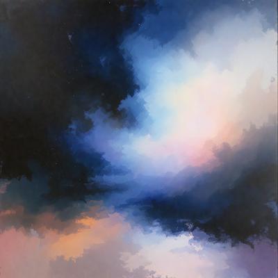 The primary subject of the image is a cloudy sky with a blue hue. The setting is a dark, cloudy sky, and the visual style is a painting or drawing. The colors and mood of the image are predominantly dark and moody, with the blue hue adding a touch of calmness to the scene.